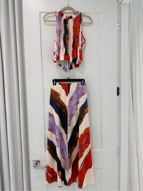 Abstract Brushstroke Two-Piece Set in Red, Purple, Black, Cream